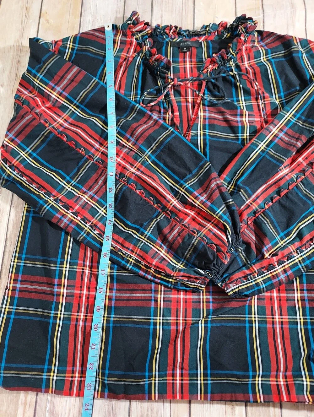 J. Crew Scalloped Tartan Plaid Tie-Neck Blouse M